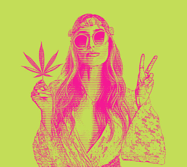 istock Adult hippie woman holding cannabis leaf 1290564837