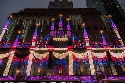 New York City, NY, USA - November 27, 2019: Saks Fifth Avenue (Department Store) with Christmas light show