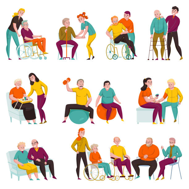 illustrazioni stock, clip art, cartoni animati e icone di tendenza di i volontari aiutano il set piatto per anziani - senior adult wheelchair community family