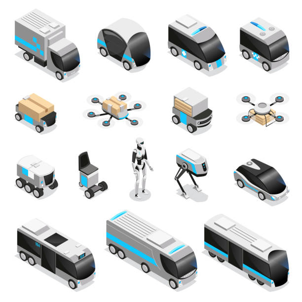 1812.i403.001.P.m004.c23.Stone age isometric icons Automated robot delivery isometric icons collection with cute remote controlled humanoid quadruple drone unmanned vehicles vector illustration drone illustrations stock illustrations