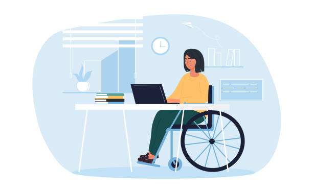 Disabled woman working Young pretty disabled woman in wheelchair working on laptop computer at home or office. Handicapped businesswoman character at workplace. Disability concept. Flat cartoon vector Illustration. disability illustrations stock illustrations