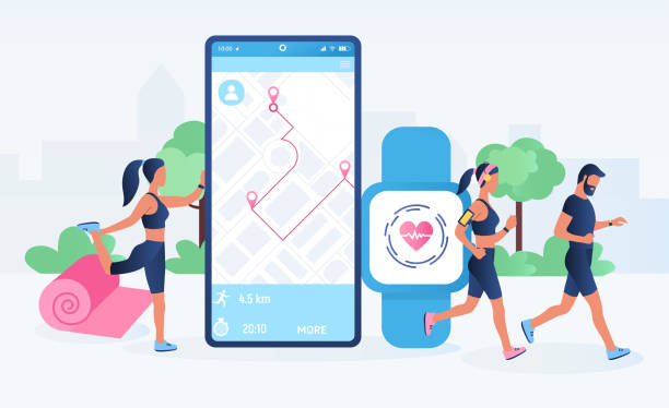 Smartwatch app and fitness tracker technology Smartwatch app and fitness tracker technology concept. Active people characters running with heart rate monitor. Fitness tracker, heartbeat, counting calories. Flat cartoon vector illustration fitness tracker illustration stock illustrations