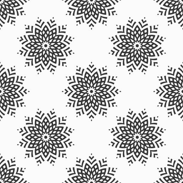 Christmas seamless snowflakes pattern. Holiday design. Vector monochrome background. Christmas seamless snowflakes pattern. Repeating geometric shapes. New Year card illustration. Holiday design. Winter. Vector monochrome background. snowflake shape silhouettes stock illustrations