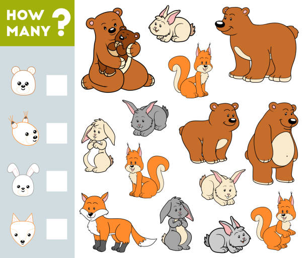 illustrazioni stock, clip art, cartoni animati e icone di tendenza di gioco di conteggio per bambini in età prescolare. educativo un gioco matematico. conta quanti animali e scrivi il risultato! - 11091