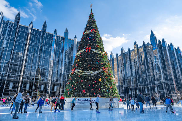Outdoor Ice Skating Rink in downtown Pittsburgh. Pennsylvania, USA stock photo