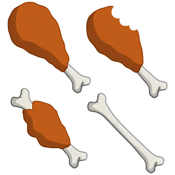 Vector illustration of Piece of fried chicken leg. Delicious and fatty foods. Bitten meat with bone. Eaten meal. Brown Food debris and scraps. Cartoon flat illustration