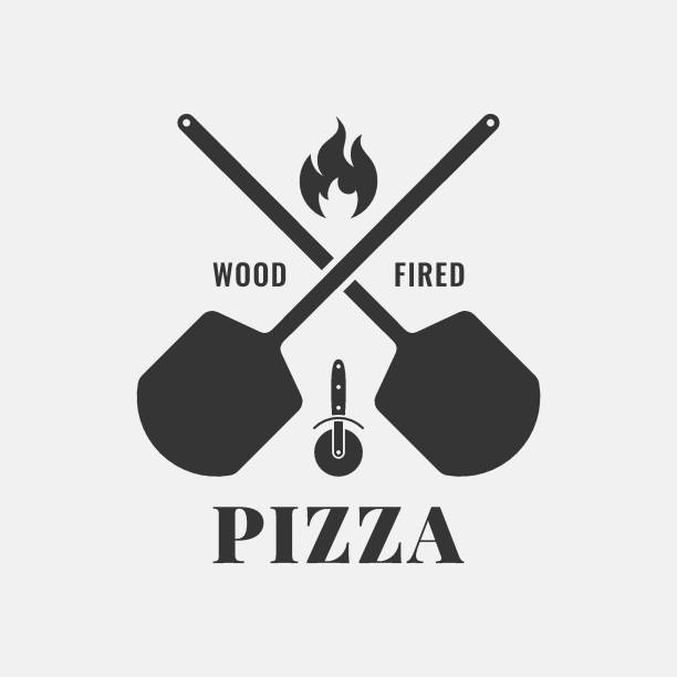 Pizza with oven shovel. Wood fired pizza on white background Pizza with oven shovel. Wood fired pizza on white background 8 eps chef cooking flames stock illustrations