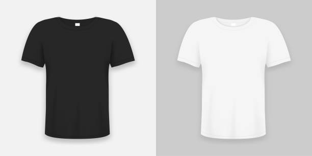 istock T-shirt realistic mockup in white and black color. 3d template of tee shirts set with short sleeve. Basic editable mockup in front view with shadow. 1290574875