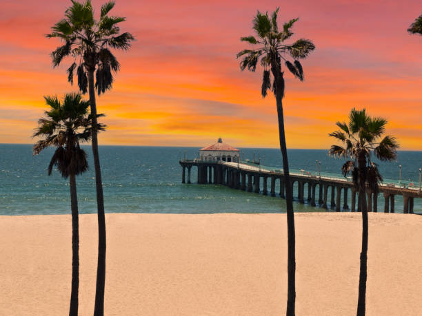 View of Manhattan Beach pier with sunset sky in scenic Southern California.