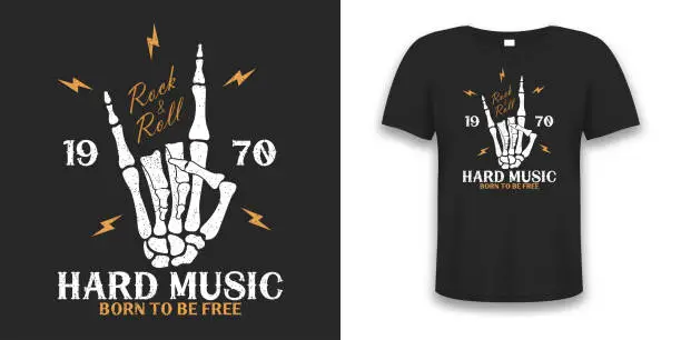 Vector illustration of Rock music print with skeleton hand and lightning. Vintage rock-n-roll tee shirt with grunge. Design for vintage apparel on t-shirt mockup. Vector