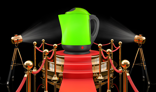 Podium with electric kettle, 3D rendering isolated on black background