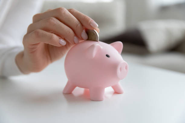 Close up of woman put coin in piggybank saving Close up crop of provident woman put coin in piggy bank saving money for future. Economical female manage household budget, take care of family house finances expenditures. Investment concept. inexpensive stock pictures, royalty-free photos & images