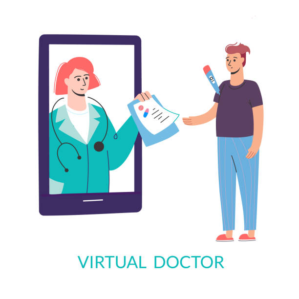 Virtual doctor. Get sick leave online using your smartphone. Self-isolation, quarantine, pandemic. Mobile consultation, smart medical assistance. Modern telemedicine, cartoon character, vector Virtual doctor. Get sick leave online using your smartphone. Self-isolation, quarantine, pandemic. Mobile consultation, smart medical assistance. Modern telemedicine,
cartoon character, vector. sick leave cartoons stock illustrations