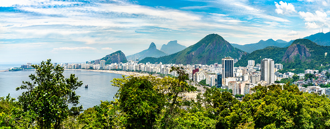 Rio de Janeiro viewed from above, sailboats are seen in the foreground, Brazil.