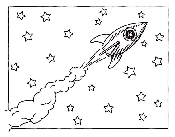 Vector illustration of Simple drawing of a flying rocket, good for coloring books