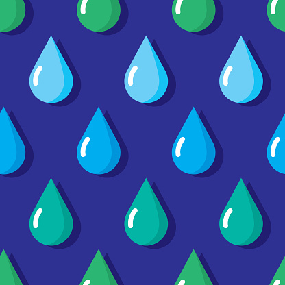 Vector illustration of blue and green waterdrops in a repeating pattern against a blue background.