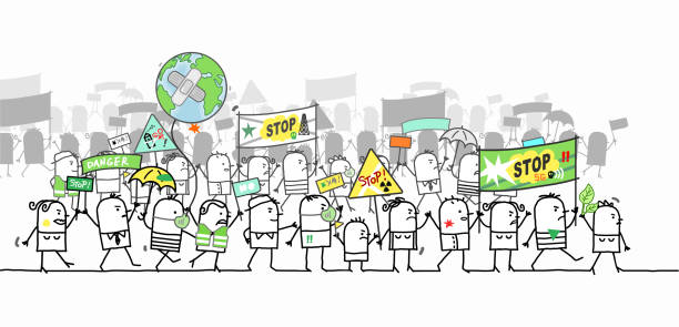Cartoon Protesting and Walking group of People - Ecological Hand drawn Cartoon Protesting and Walking group of People - Ecological climate protest stock illustrations