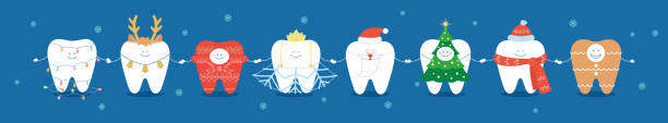 dental weihnachten illustration oder banner. zähne in bühnenkostümen halten die hände weihnachten und neujahr. - sweet tooth in a row stock-grafiken, -clipart, -cartoons und -symbole