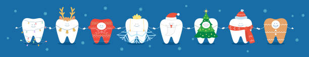 illustrations, cliparts, dessins animés et icônes de illustration ou bannière dentaire de noël. les dents dans les costumes de scène tiennent la main noël et nouvel an. - sweet tooth in a row