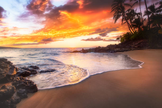 cala al atardecer en las islas hawaianas - maui fotografías e imágenes de stock