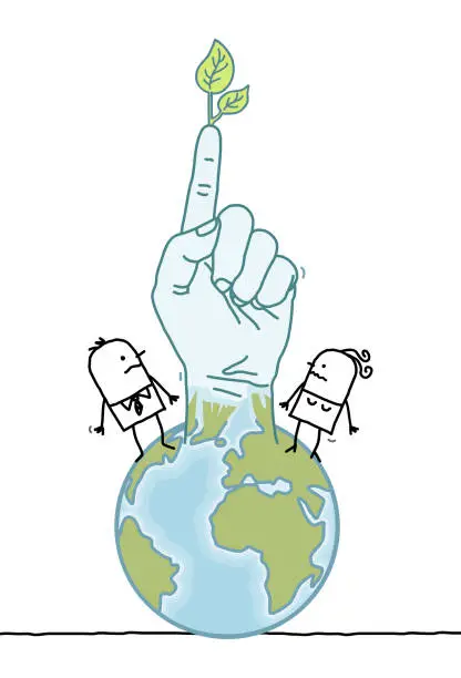 Vector illustration of Cartoon people and planet Earth Rising Up a Green Finger