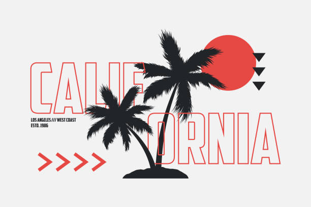 야자수와 윤곽 텍스트 캘리포니아 티셔츠 디자인. 티셔츠를 위한 현대적인 타이포그래피 그래픽. 손바닥과 태양이 있는 로스앤젤레스 의류 프린트. 벡터 - text surfing surf palm tree stock illustrations