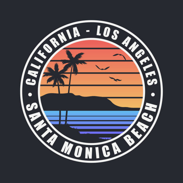 ilustrações de stock, clip art, desenhos animados e ícones de california santa monica beach t-shirt design. typography graphics for tee shirt with palm trees. los angeles county apparel print. vector - letter t tree typescript alphabet