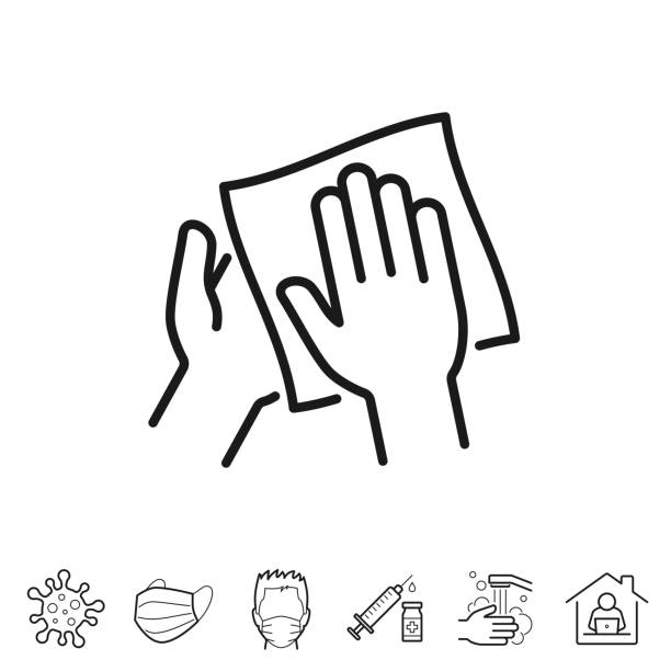 Clean and sanitize hands with wipes. Trendy icon isolated on white and blank background for your design. Includes 6 popular icons: - Coronavirus cell (COVID-19), - Medical or surgical face mask, - Man in medical face protection mask, - Vaccination - Syringe and vaccine vial, - Washing hands with soap and water, - Work from home. Vector Illustration (EPS10, well layered and grouped), easy to edit, manipulate, resize or colorize. And Jpeg file of different sizes.