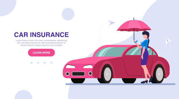 ilustrações de stock, clip art, desenhos animados e ícones de vector of a woman with an umbrella standing near her car. - insurance car insurance agent auto accidents