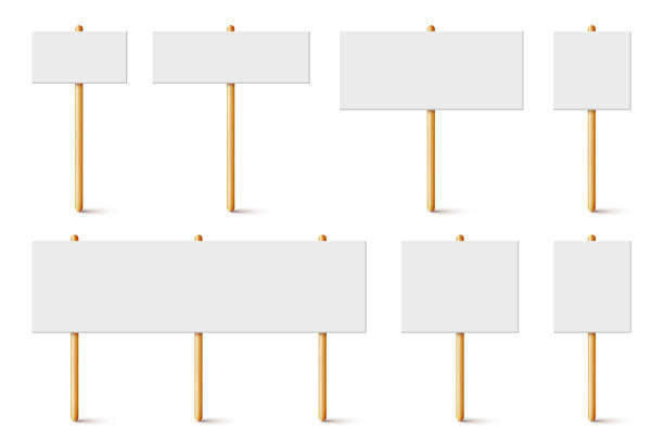 istock Blank protest sign with wooden holder. Realistic vector demonstration banner. Strike action cardboard placard mockup 1290589710