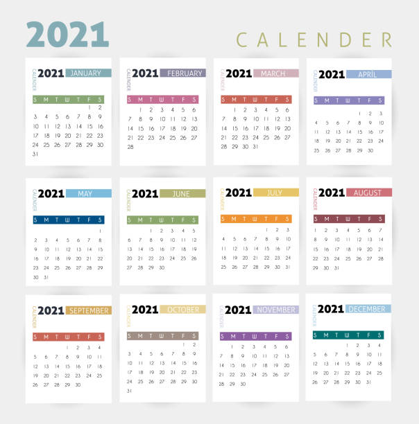 2021 년 달력 벡터 디자인 템플릿, 간단하고 깨끗한 디자인. 스톡 일러스트레이션 - 2013 2014 personal organizer calendar stock illustrations