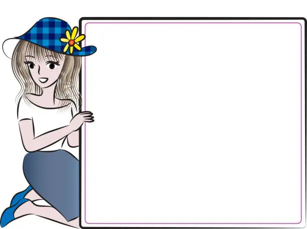 Vector illustration of vector beauty holding a blank card border frame