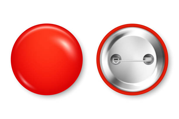 istock Realistic red blank badge. 3D glossy round button. Pin badge mockup. Vector illustration 1290595394