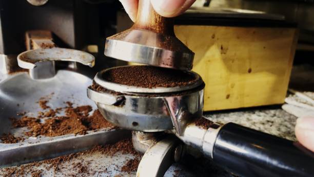 barista tamping café moulu pour faire espresso - tamping photos et images de collection