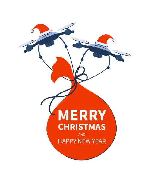Vector illustration of Contactless Christmas delivery. Drones on a white background carry Santa's bag with gifts. New Year isolated concept. Vector
