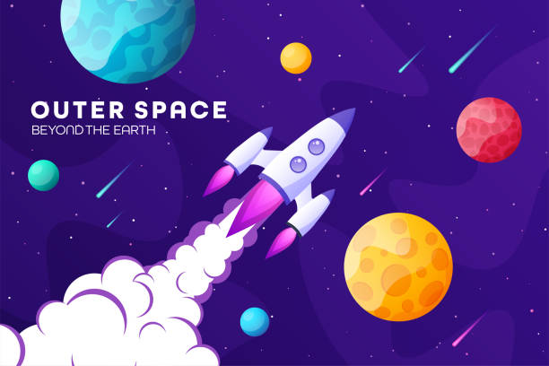 istock Space futuristic modern, colorful background with rocket, planets and stars. Starship, spaceship in night sky. Solar system, galaxy and universe exploration. Vector illustration 1290605134