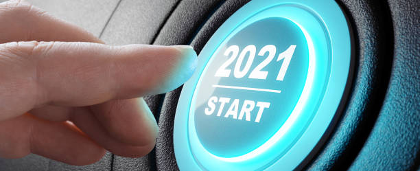2021 - press the start button. concept of the new year. 3d illustration - year 2002 imagens e fotografias de stock