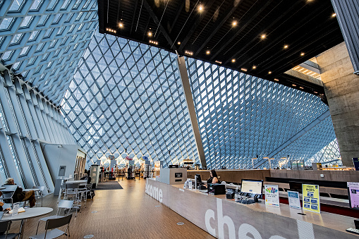 Seattle, Washington, November 20, 2019 – Interior of Seattle public library with a blueish diamond designed patterns for walls.