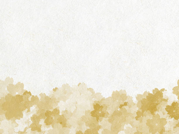 istock Background image of gold cherry blossom pattern on white Japanese paper 1290613848