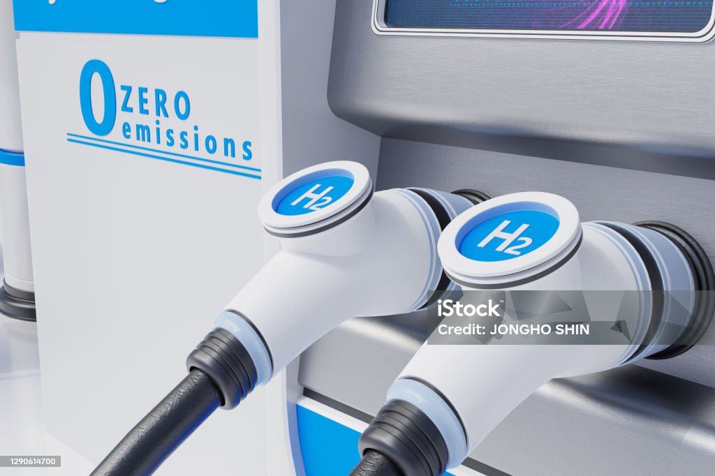 Hydrogen fuel car charging station white color visual concept design. 3d Illustration Hydrogen Stock Photo