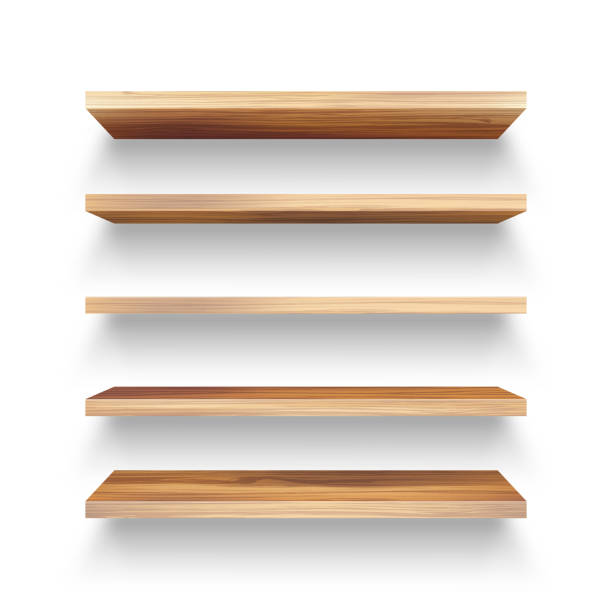 istock Realistic empty wooden store shelves set. Product shelf with wood texture. Grocery wall rack. Vector illustration 1290615982