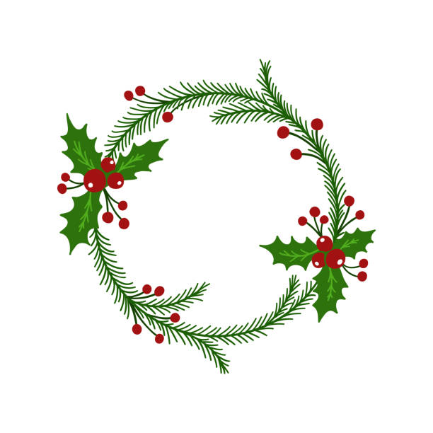 ilustrações, clipart, desenhos animados e ícones de coroa de natal desenhada à mão com frutas vermelhas, folhas verdes e galhos de abeto. - christmas holly frame ivy