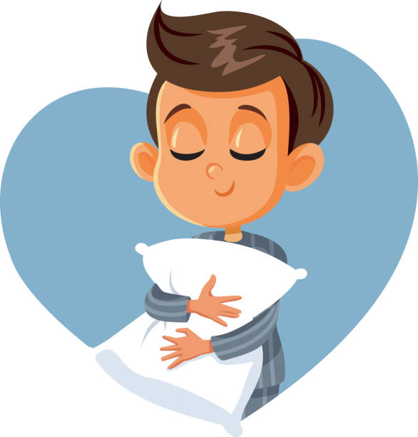 ilustraciones, imágenes clip art, dibujos animados e iconos de stock de little boy sosteniendo almohada lista para dormir - heart shape pillow cushion textile