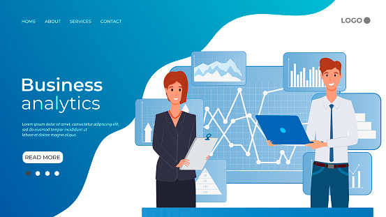 Business analytics.A young man and a woman work in an office with an infographic in the background.Office work, co-working, study of business projects.The template of the landing page.