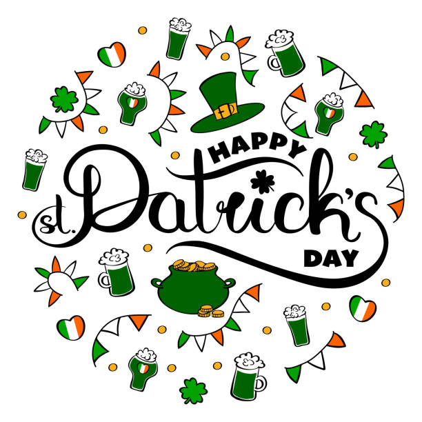 Saint Patrick's Day logo and graphics. Happy St. Patricks Day hand drawn logo with traditional celebration symbols. Vector graphics editable illustration. Coloured line art freehand drawing. pot of gold logo stock illustrations