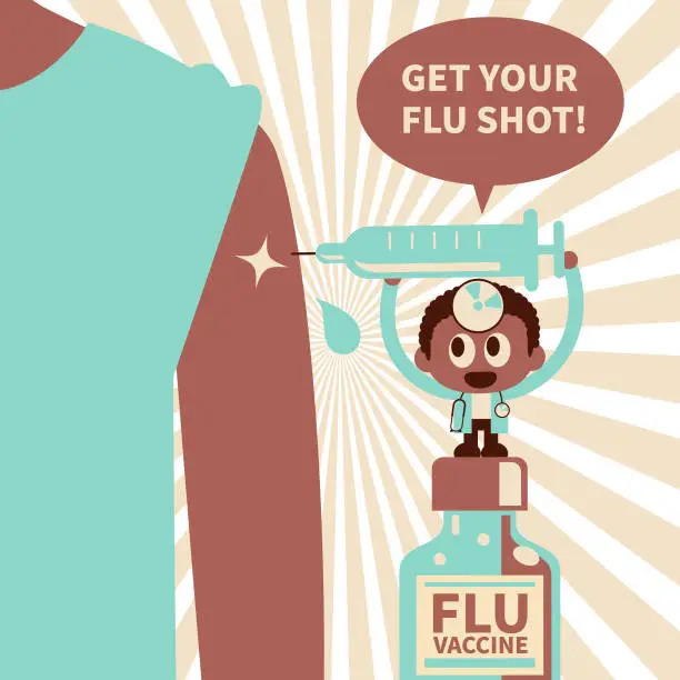 Vector illustration of Cute small doctor wearing concave mirror and stethoscope injecting Flu Vaccine into people's arm, the flu season cocept