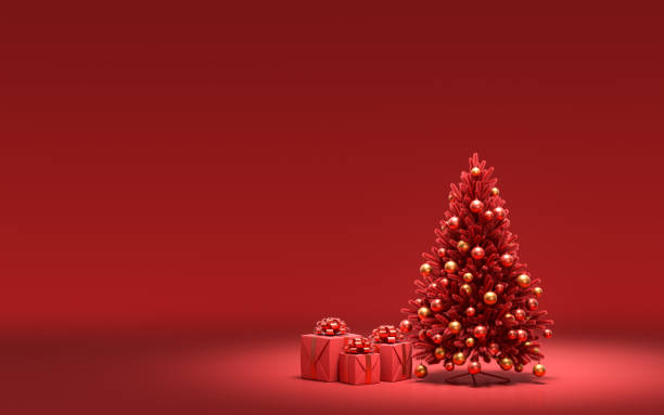 istock Gift boxes on the ground and Single Christmas tree with monochrome solid red color in red background with copy space, 3d rendering 1290639117