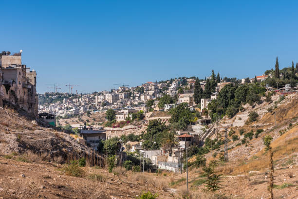 Residential houses at the Mount Zion and Kidron Valley  under the sunlight in the morning in Jerusalem, Israel stock photo
