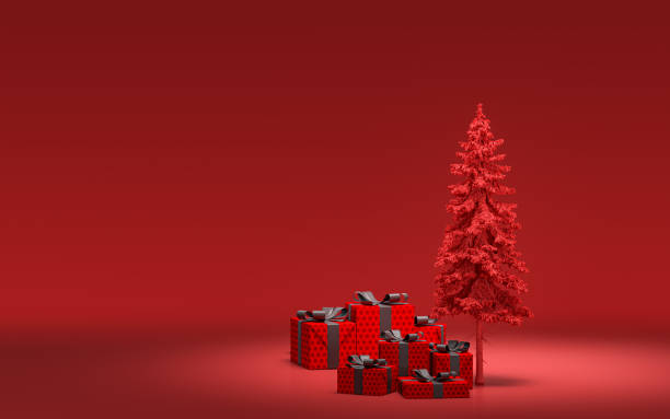 istock Gift boxes on the ground and Single Christmas tree with monochrome solid red color in red background with copy space, 3d rendering 1290639850