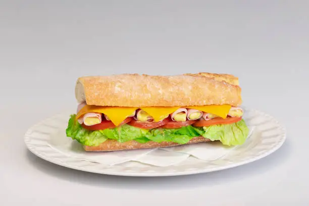 Photo of close up of a delicious looking sub sandwich with cheese, meat and vegetables on a plate